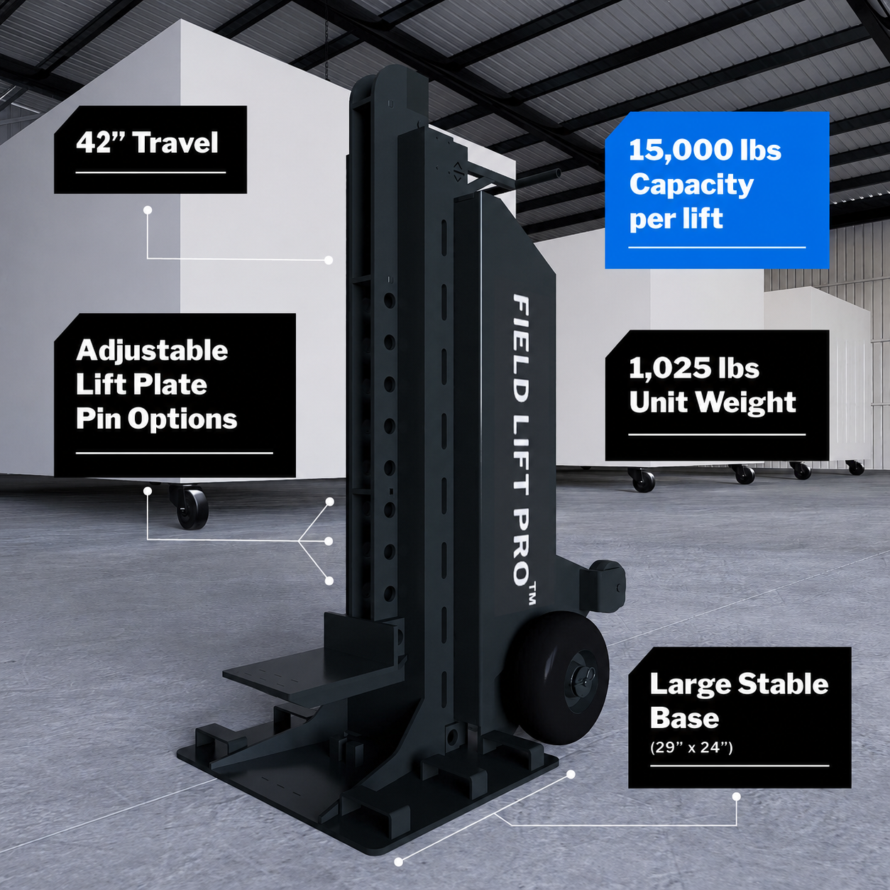 Field Lift Pro™ hydraulic lifting deck on uneven terrain, showing its stability, forklift compatibility, and suitability for small to large modules.